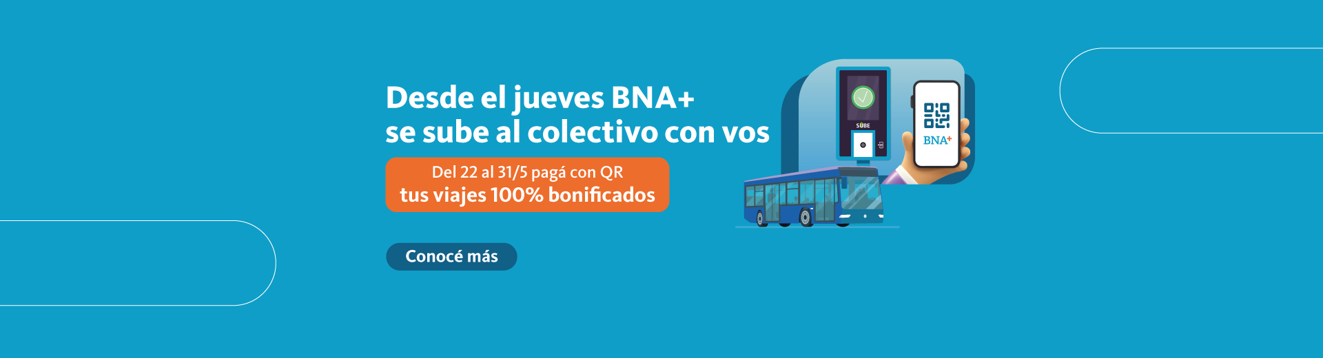 Desde el jueves BNA más se sube al colectivo con vos. del 22 al 31/5 pagá con QR tus viajes 100 porciento bonificados